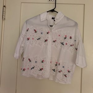 Embroidered cropped eyelet top